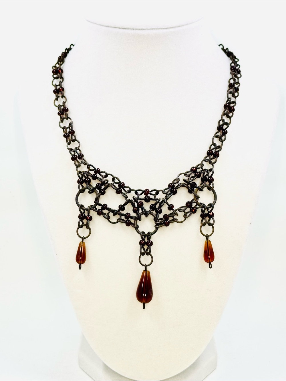 Vintage Brown Chainmaille Boho Choker Necklace W/Amber Teardrops 16”